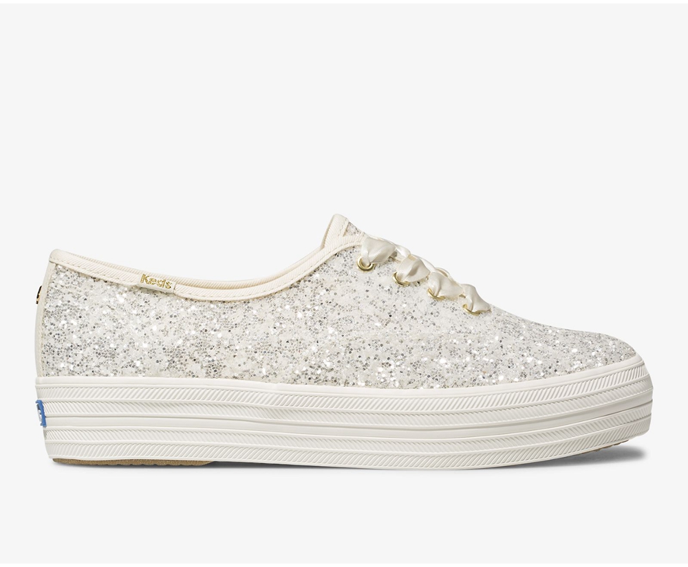 Πανινα Παπουτσια Γυναικεια - Keds Kate Spade New York Triple Glitter - Λευκα - QJRWU2350